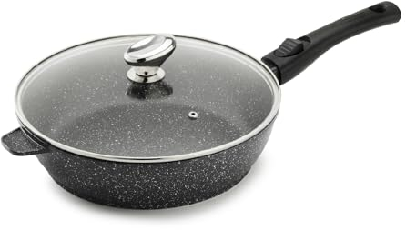 Pradel Excellence,Sauteuse en Fonte d'Aluminium Premium,Couvercle en Verre,Revêtement Anti-Adhésif Façon Pierre-Manche Amovible,Compatible Tous Feux dont Induction, Four,Lave Vaisselle,D28cm,Noir