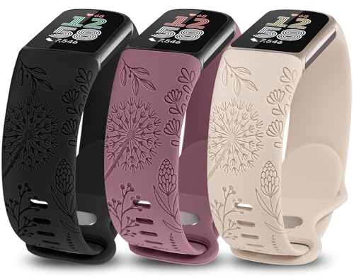 TOYOUTHS 3 Stück Löwenzahn Floral Gravierte Armband Kompatibel mit Fitbit Charge 6/Charge 5 Armband Damen, Blume Cute Weich Silikon Sport Armbänder für Charge 6, Schwarz/Rauch Violett/Polarstern
