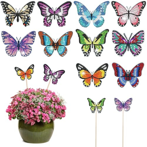 ZONE 10 Stück Diamond Painting Schmetterlinge zum hinstellen Set, Frühling Sommer Glitzer Deko Stecker Diamond Painting Schmetterling Kits, Schmetterling DIY Diamond Painting Art für Garten Dekor