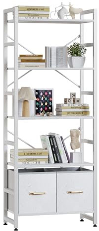 TREETALK 5 Tier Bookshelf,Tall Bookcase with 2 Fabric Drawers, Industrial Display Standing Shelf Units with 2 X-shape Frame, Storage Rack for Living Room,Bedroom, Home Office (White)