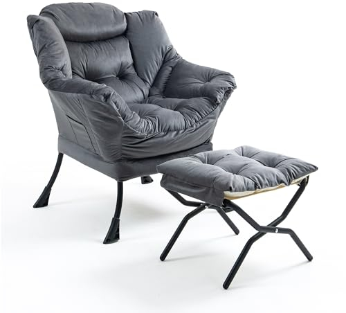TIANSHU Samt Sessel mit Hocker, Relaxsessel mit Nackenstütze Sessel Wohnzimmer mit Metallbeinen Stabil Loungesessel Ohrensessel Sessel für Schlafzimmer Arbeitszimmer Balkon (Grau)