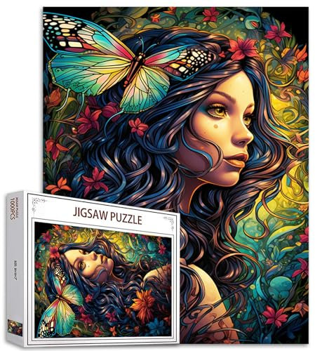 Fashion Woman Jigsaw Puzzles 1000 Pieces for Adults, Families (Girl,Wildflowers,Butterfly,Garden Flower) Pieces Fit Together Perfectly 19.7''x27.6''inch Sexy Girl Frameable Magic Puzzle Art Boho Gift