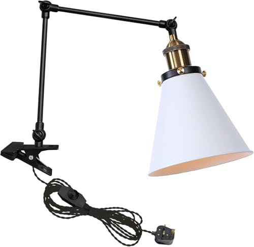 FSLiving Clip on Reading Light, Dimmable Swing Arm Desk Lamp, Industrial Clamp Lamp for Reading Bedside Bookshelf Office(TD0612-0132-G/W)