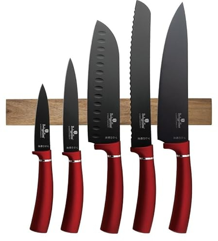 Berlinger Haus Messerset mit magnetischem Holzblock 6-teilig Burgundy Metallic Line | Hochwertige Edelstahlklingen mit Antihaftbeschichtung