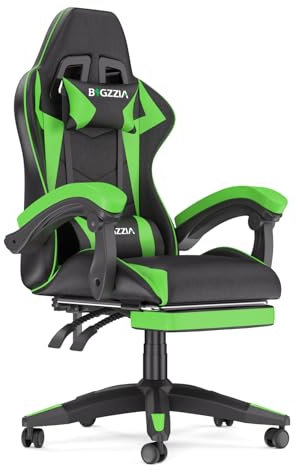 bigzzia Gaming Chair with Footrest and Ergonomic Computer Chair Reclining PU Leather High Back Video Game Chair with Headrest Adjustable Lumbar Support Linkage Armrest for Adults (Black/Green)