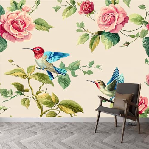 Papier Peint Panoramique Fleurs Rétro Peinte Murale, Oiseaux de Peinture de Style Vintage Intissé Murale, 450 x 315 cm (L x H) Photo Murale pour Salon Chambre d'enfants Restaurant Décoration Murale