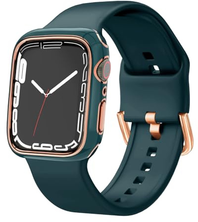 Sport Band & Shockproof Case Compatible with Apple Watch Band 40mm 38mm 41mm 42mm 44mm 45mm 46mm, Soft Silicone Straps & Rose Gold Edge Protector Frame for iWatch Series