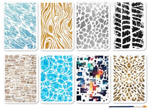 MAYJOYDIY 8 Stil Textur Hintergrund Schablonen 29.7 × 21cm Mixed Media Kunst Schablone Für Bastelarbeiten Marmor Craquelé Malvorlagen Mit Pinsel Für Boden Wand Fliesen Stoff Und Möbeldekor
