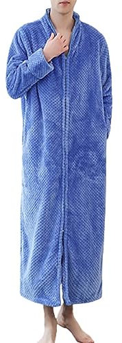 Morgenmantel in voller Länge, Unisex, Reißverschluss mit Stehkragen, einfarbig, Handtuchmantel, gemütlich, warm, Nachtwäsche, Wickelmantel, Frottee, Herbst, Winter, Bademantel für Loungewear, blau, XL