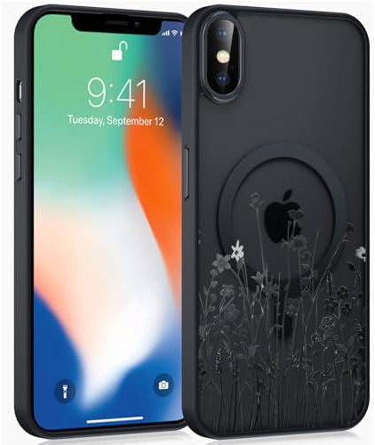 Coiwxmoi Magnetische Handyhülle für iPhone X/iPhone XS 5,8 Hülle, Kompatibel mit MagSafe, Aesthetic Blumen Muster Transluzente Mädchen Case, Matte PC Dünn TPU Stoßfest Schutzhülle Cover - Schwarz 02