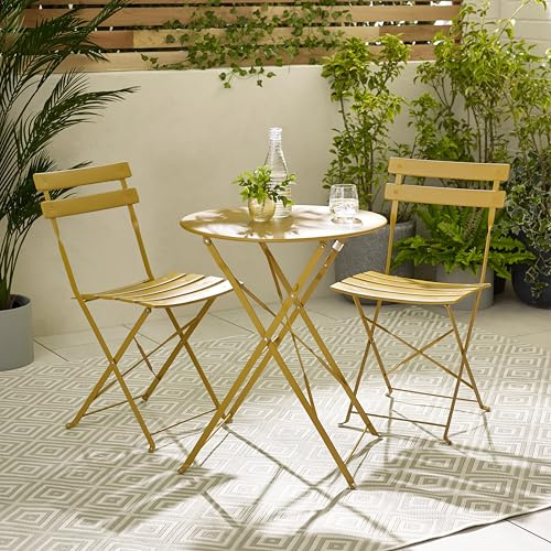 Furniturebox 2 Seat Metal Bistro Set - Mustard Yellow - Round Folding Table & Set of 2 Chairs, 51x42cm - Cabo Collection