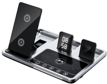4 In 1 Alarm Clock Wireless Charger Stand, 4 In 1 Charging Station with Alarm Clock & Night Light, One-Key Lifting Wireless Charging Stand for iPhone/Samsung/Android (Silvery) Apple Watch
