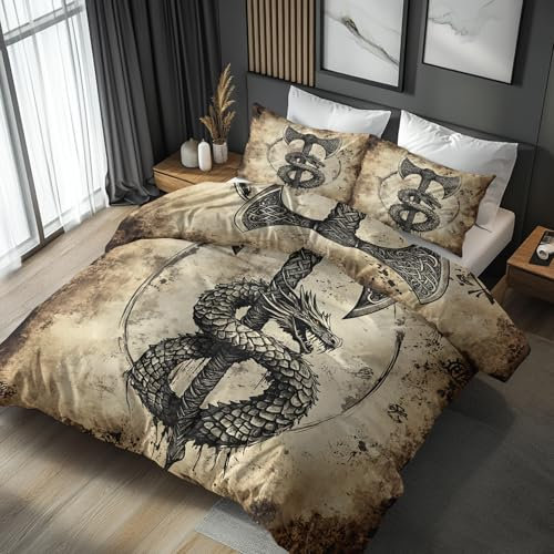 Generisch Bettwäsche Wikinger 140x200, Nordische Mythologie Axt Drache Motiv Wendebettwäsche & Deko, Weiche Microfaser Bettbezug mit Reißverschluss und 1 Kissenbezug 70x90, 2tlg - ASD3864