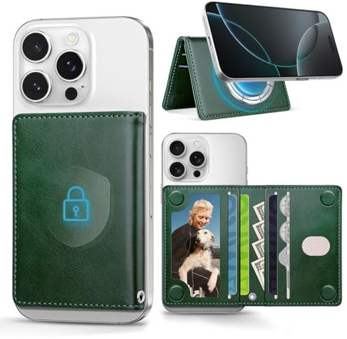 OCASE Magnetic Wallet, iPhone Wallet with Wrist Strap, Compatible with MagSafe Wallet, for iPhone 16/15/14/13/12 Series, RFID Blocking PU Leather Card Holder with 5 Card Slots, Dark Green