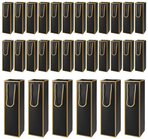 Povxlum 30 PCS Bags 4x4x4 Wine Bottle Paper Bags Reusable Wine Storage Bags with Handle for Wedding Birthday Christmas Housewarming Retirement Party Supplies (Black)