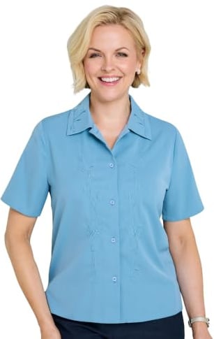 Chums Ladies Embroidered Short Sleeve Button Up Blouse | Women's Lightweight 100% Polyester Shirt with Contrasting Embroidery & Button Up Front