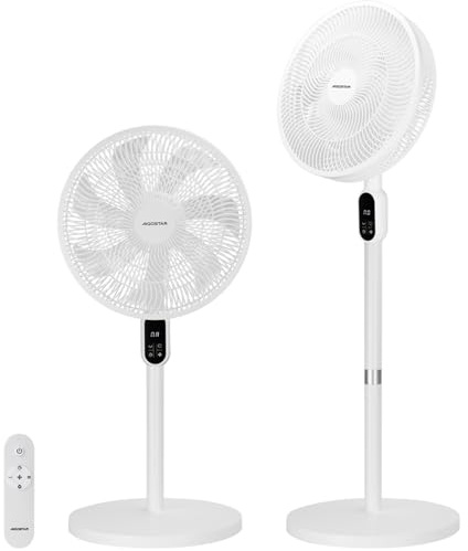 Aigostar Pedestal Fan - Height & Tilt Angle Adjustable, LED Display & Remote Control, 3 Speeds, 3 Modes, 80°Oscillating, 12H Timer - Quiet Standing Fan for Bedroom, Home, Office, White - Rime
