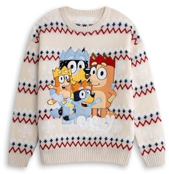 BlueY Unisex-Weihnachtspullover mit Heeler-Motiven in Creme | Langärmliger Rundhalspullover, Bingo, Bandit und Chilli | Festliche Kleidung für Erwachsene | Festliche Fanartikel