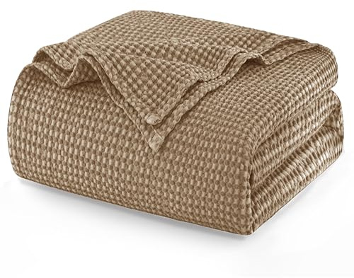 Talasily 100% Baumwolle Decke 220 x 240 cm, Weiche und Atmungsaktive Tagesdecke, Waffelmuster Leichte Decke als Sofadecke Couchdecke, Weich Kuschelige Wohndecke Wohnzimmer, Sofa Couch Braun