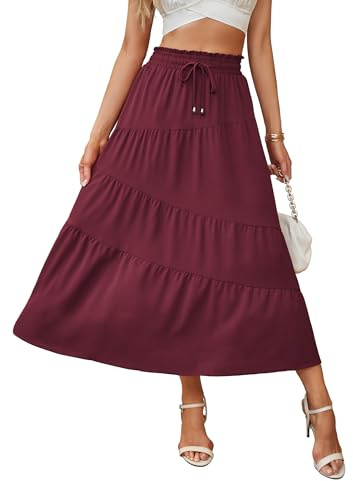 Toplop Rock Damen Lang Gestufter Maxirock Elegant Sommer Skirt A-Line Stufenrock Leicht Hohe Elastische Taille Freizeitrock Röcke mit Taschen