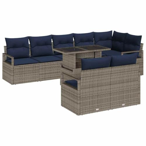 vidaXL Garten-Sofa-Set 9 pcs Grau und Marineblau Poly-Rattan, Garten und Terrasse, modernes Outdoor-Sofa Set, rechteckig, langlebige Rattanmöbel, modulare Couch, Sitzgruppe