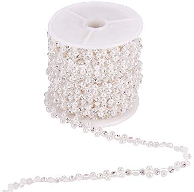 PandaHall 10 Rards/Rolle ABS Kunststoff Imitation Perle und Strass Kette Perle String Perlenquaste Bling Diamante Trim Ribbon für Hochzeit Party Dekoration Nähen Trims Kuchen Dekoration, Weiß
