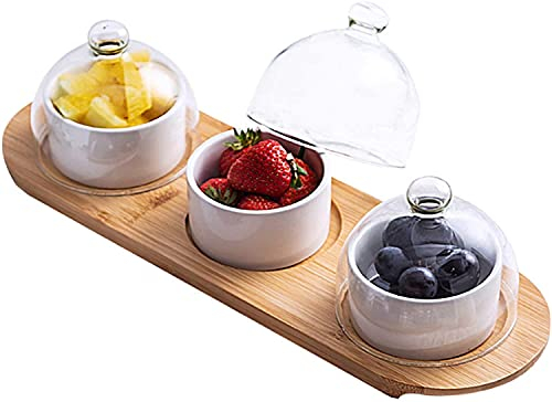 Serving Dish Set, Bamboo and Wood Tray Hygienic Healthy Set 3 Compartment Bowl Set, Ceramic Bowl with Glass Lid and Wooden Base, Ceramic Cup Baking Cake Mold (Beige)