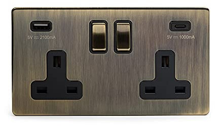 Antique Brass 2 Gang USB Socket Double Socket with USB (13A Socket + 2 USB Ports A+C 3.1A) USB Wall Socket Black Ins Screwless |Soho Lighting