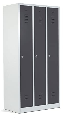 Schrank & Stuhl Spind – Metallspind mit 3 Abteilen in 180 x 90 x 50 cm, Schließfachschrank mit Hutboden & Drehriegelverschlüssen, Lieferung komplett montiert, Grau/Anthrazit