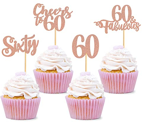 Blumomon Rose Gold Glitter 60th Birthday Cupcake Toppers Happy Birthday 60 Fabulous Cupcake Toppers Happy 60th Cake Decorations for 60th Birthday Happy 60th Theme Party Supplies