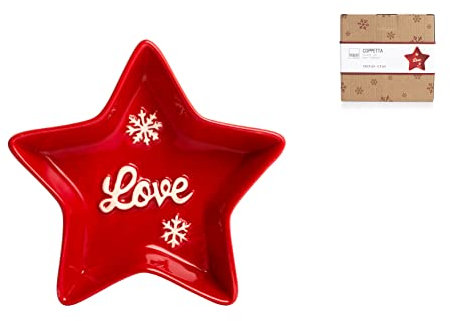 H&H 9698700 Piatto Stella In Ceramica, Decoro Natale Love, Rosso, 13 x 13 cm