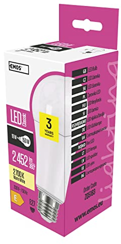 EMOS LED Lampe A67, 19 W Ersatz für 150 W Glühbirne, E27 Sockel, Helligkeit 2452 lm, Warmweiß 2700 K, 30000 h Lebensdauer, CRI min. 80, 200° Abstrahlwinkel