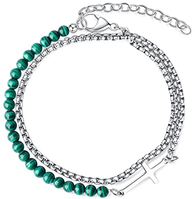 GAVU Herren Zweilagiges Armband Kristall Armband aus Malachit und Edelstahl mit Kreuz Charm