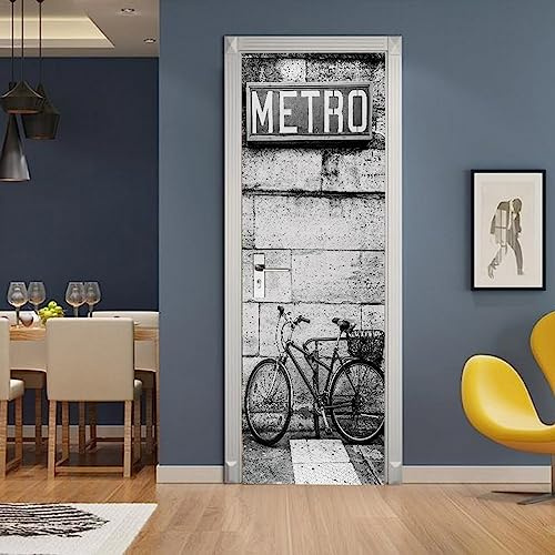 A.Monamour Türtapete Selbstklebend Türfolie Türposter 3D Fahrrad Gegen Eine Steinmauer Mit U-Bahn-Schild In Schwarz Und Weiß Vinyl Folie Türdeko Tapete Wandbild Türaufkleber Türtattoo 85x215cm