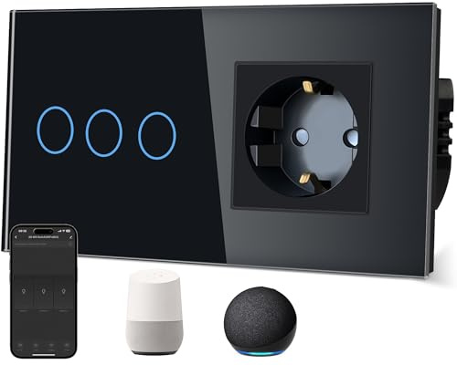 TAWOIA Normaler Steckdose mit Smart Wlan Lichtschalter (Neutralleiter erforderlich) Glasscheibe, Sprachsteuerung für Alexa, kompatibel mit Smart Life und Tuya App 3Fach 1Weg Schwarz
