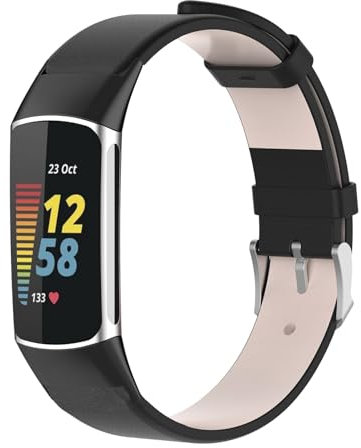 Leather Straps Compatible with Fitbit Charge 6 Strap, Adjustable Replacement Wristband Premium Leather Band for Fitbit Charge 5/6 Activity Tracker (Black)