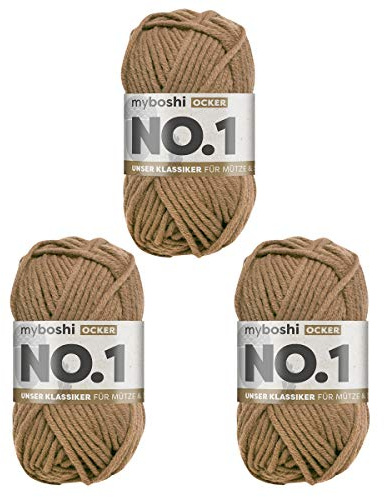 myboshi No.1 Wolle zum Häkeln und Stricken, Schnellstrickgarn, langlebige Mützenwolle, Strickwolle, Häkelwolle, mulesing-frei, 50g, Ll 55m Braun (Ocker) 3 Knäuel