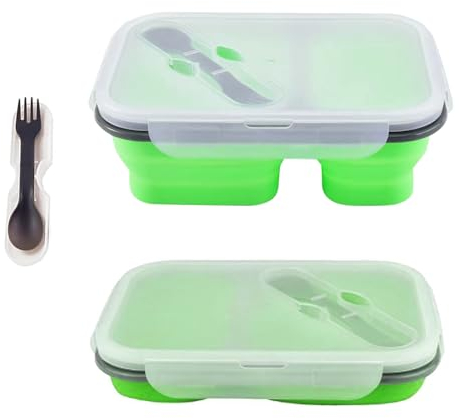 alouweekuky Fiambrera plegable a prueba de fugas con compartimentos de silicona Bento Fiambrera de alimentos con dos compartimentos y cuchara y tenedor para adultos/niños (verde)