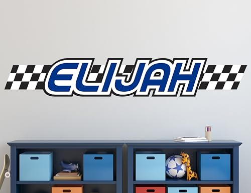 Wandtattoo mit Rennflaggen-Namen, personalisierbar, für Jungen, Baby und Kinder, individueller Name, (Rennstreifen)