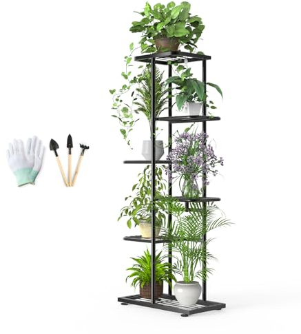 MAIJIAJU 6 Etagen Blumenständer Metall Schwarz mit Gartengeräte und Handschuhe, 108cm Ecke Blumenregal Pflanzenregal Indoor Outdoor, Mehrere Blumentreppe Pflanzenständer für Balkon Garten Wohnzimmer