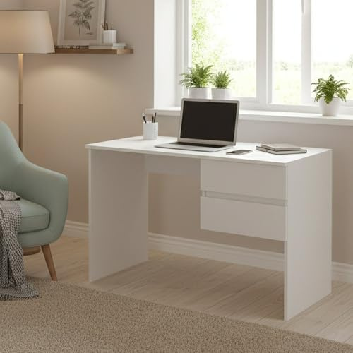 Dmora - Schreibtisch Carpino, linearer Schreibtisch mit 2 Schubladen, vielseitiger und platzsparender Arbeitstisch, 100% Made in Italy, 110 x 53 x 76 cm, Weiß