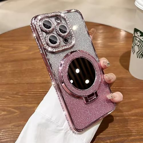 Altartar Glitzer Hülle für iPhone 15 Pro Max Magnetisch Handyhülle mit Ständer,Glitter Handyhülle iPhone 15 Pro Max Transparent Case mit Spiegel Makeup Schutzhülle Kratzfeste Ultradünn Cover-Rosa