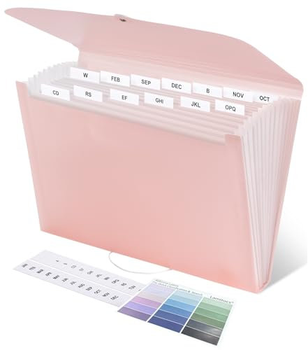 Lamitocs Expanding File Folder A4,13 Pockets File Organiser with Colored Tags, Paperwork A4 Plastic Wallet Document Storage Expander for School,Office and Home, Pink