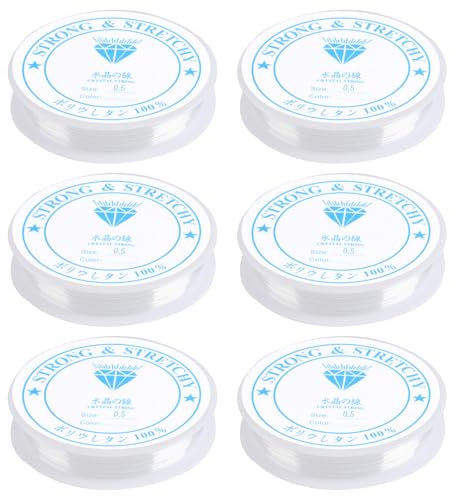 6 Rotoli Filo Elastico Trasparente per Bracciali, Filo di Nylon Elastico per Perline Collane Braccialetti Decorazione, 0,5 mm*18 m