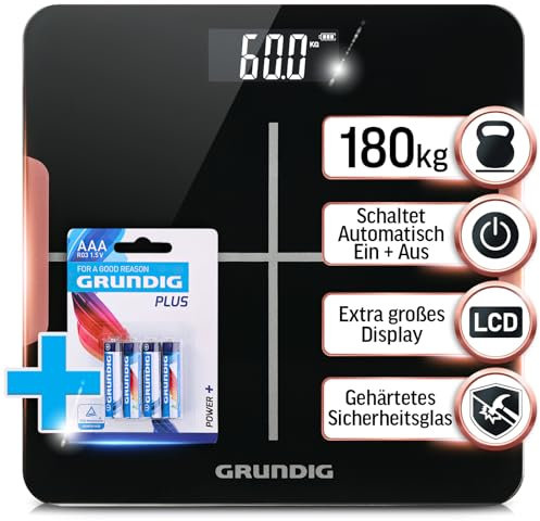 Grundig Personenwaage digital, Körperwaage bis 180 kg mit hochpräzisen Sensoren, Weight Scale, Waage Personen, 5mm gehärtetes Sicherheitslas, LCD-Display mit großen Zahlen, schwarz (inkl. Batterien)