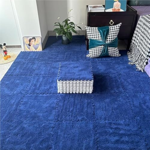 KLYso 30x30cm Plush Interlocking Carpet Tiles,Foam Floor Mat With Border,Puzzle Play Mat,Modular Square Square Rug(Navy Blue,8pcs)