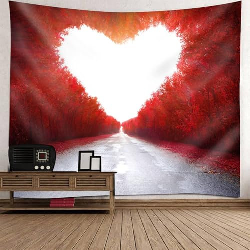 Musihy Wandbehang Wandteppich | Polyester Straße und herzförmiger Baum Wanddeko für Schlafzimmer Wohnzimmer Wohnheim | Rot, 200x200cm