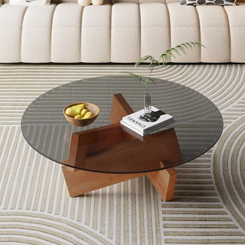 Mid Century Couchtisch aus Glas, runder Mitteltisch mit massivem dreieckigem Holzsockel und klarer Tischplatte aus gehärtetem Glas, zeitgenössischer runder Cocktailtisch für Wohnzimmer, Heimbüro,