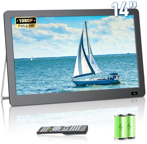 Desobry (2025 upgraded version) 14.2 inch Portable TV with stronger Antenna 1080P freeview outdoor tv with DVB/T2 Tuner Rechargeable Battery Operated Mini TV LCD,Built-in Stand,HDMI Input,USB