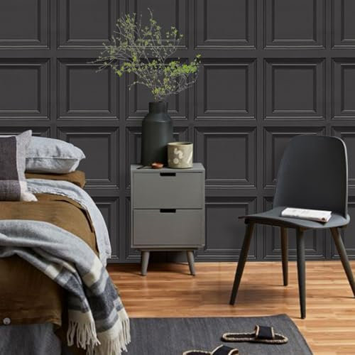 Tarwanear Black Wallpaper for Living Room Black Panel Wallpaper Non-Woven 3D Panelling Wallpapers Faux Tartan Easy Installation Design for Feature Walls Fireplace Frontroom